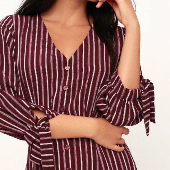 Lulu's Parisa Burgundy Stripe Button-Front Dress - Picture 5 of 11